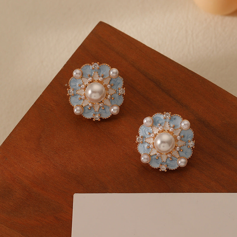 French Blue Color Oil Glaze Floral Stud Earrings Light Luxury High Grade Retro Minority Mid Ancient Pearl Earrings for Women