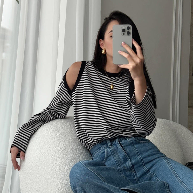 Women Clothing Striped Contrast Color off Shoulder Long Sleeve Casual Fall Clothing Top