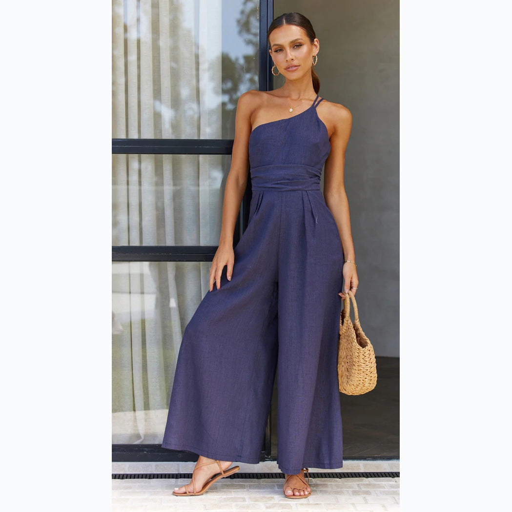 Spring Summer Solid Color Loose Wide-Leg Cotton Linen Jumpsuit Blue