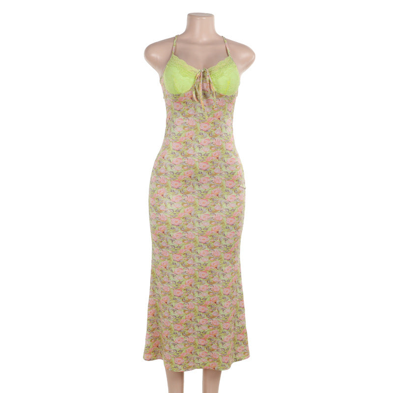 Summer Lace Stitching Printing Back Strap Dress Women Green