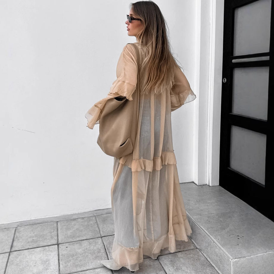 Khaki Autumn Winter Batwing Sleeve Dress Sun Protective Blouse Maxi Dress for Women