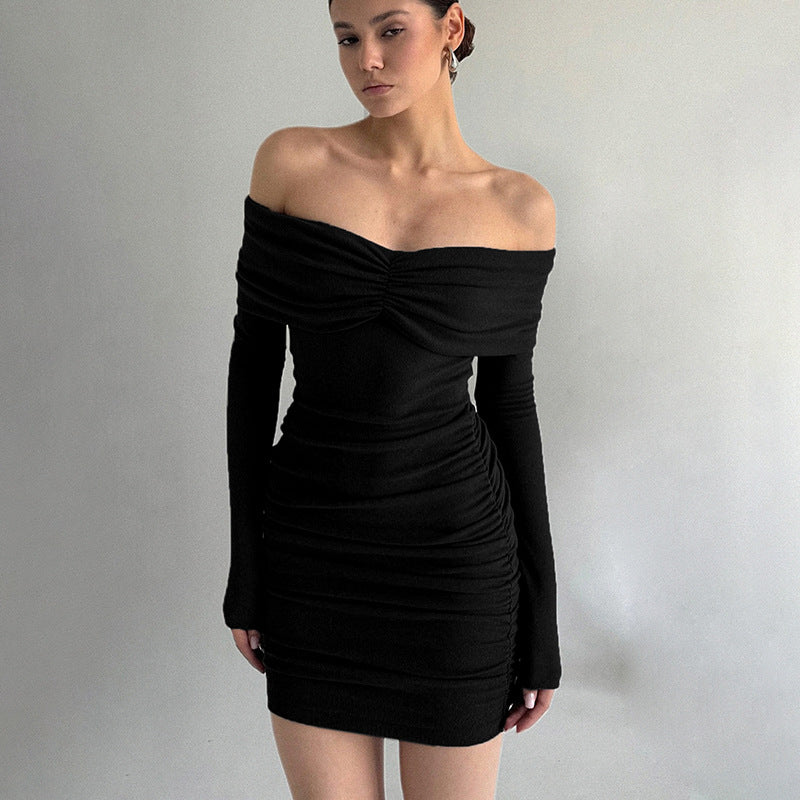 Women Clothing Spring Autumn Pleated Sexy off the Shoulder Sexy Long Sleeve Slim Sheath Short Dress