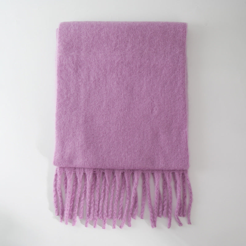 Winter Mohair Cashmere like Solid Color Scarf Lengthen Thicken Thick Tassel Autumn Winter Warm Scarf One Size Smoke and Portuguese Purple