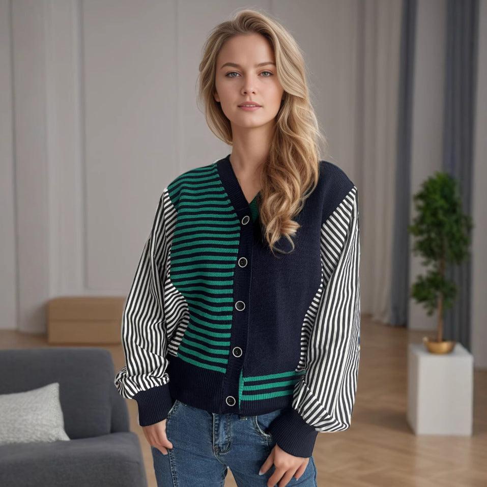 Autumn Winter Patchwork Striped Sweater V neck Short Casual Loose Long Sleeve Knitted Cardigan Green