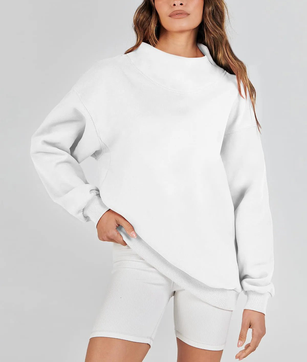 Autumn Winter Women Solid Color Stand Collar Sports Sweater White