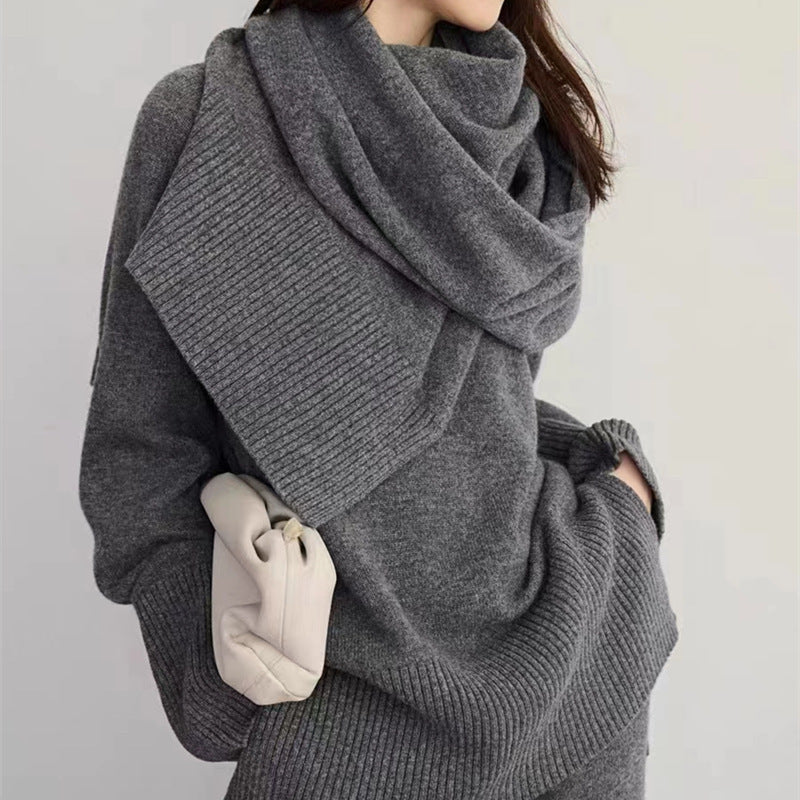 Idle Loose Slimming Sweater Knitwear Wide Leg Pants Arrival of Autumn Winter Scarf Top Trousers Three Piece Set