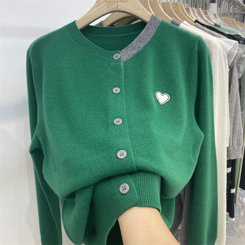 Casual round Neck Contrast Color Sweater Women Coat Autumn Winter Loose Heart Trendy Knitted Cardigan One Size Green