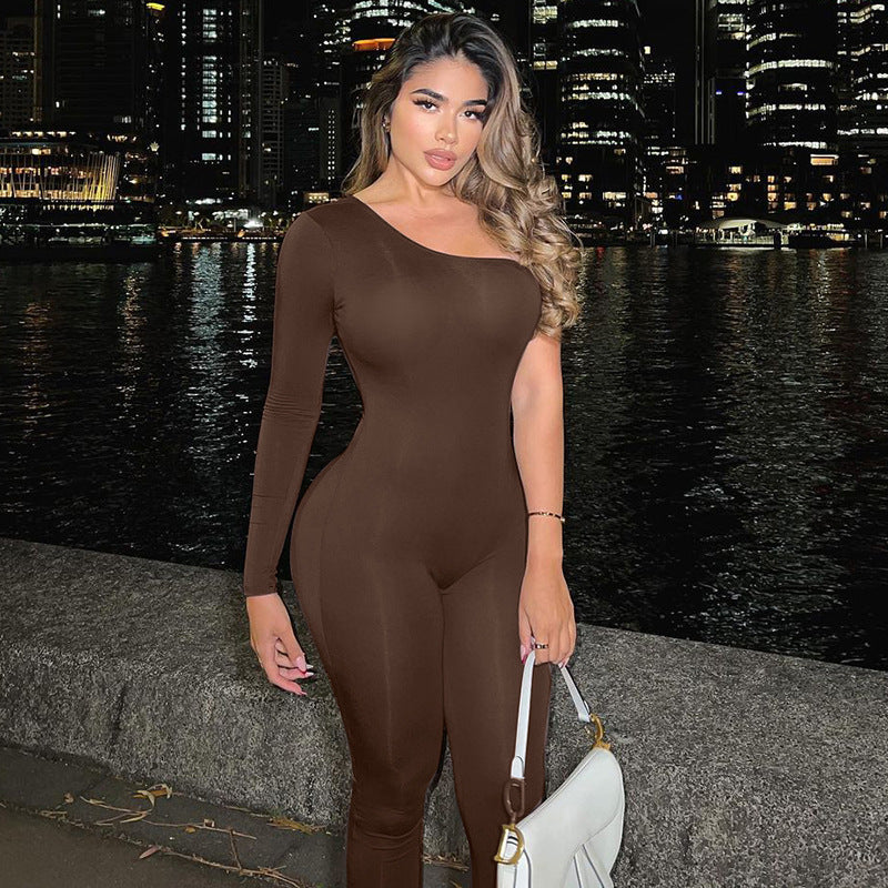 Women Clothing Shoulder Single Sleeve Solid Color Sexy Tight Hip Lift Feet Jumpsuit