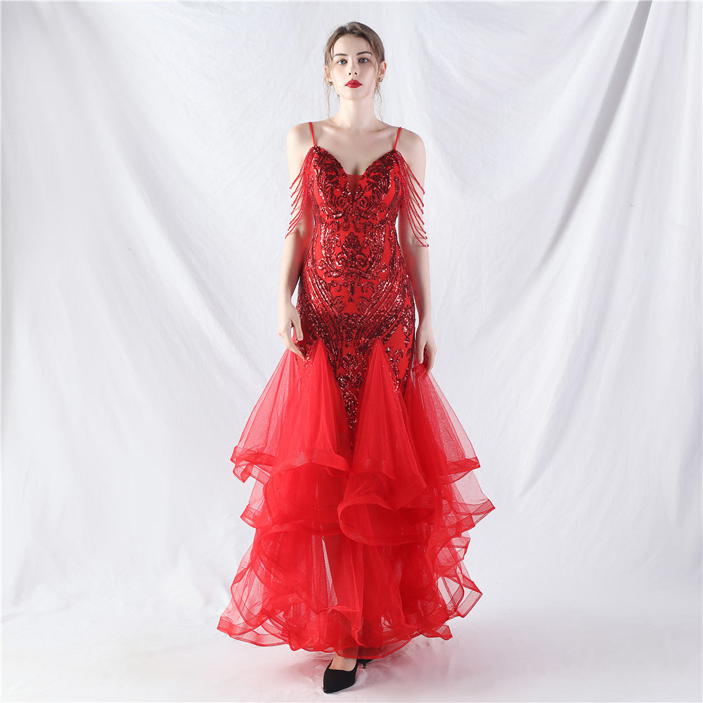 Craft Beads Hard Net Positioning Floral Sequin Stitching Mesh Dance Celebration Performance Dress Red