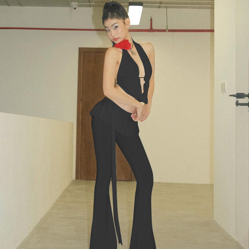 Winter Ruffled Lace up Bell Bottom Pants Women Sexy Tight Trousers Black