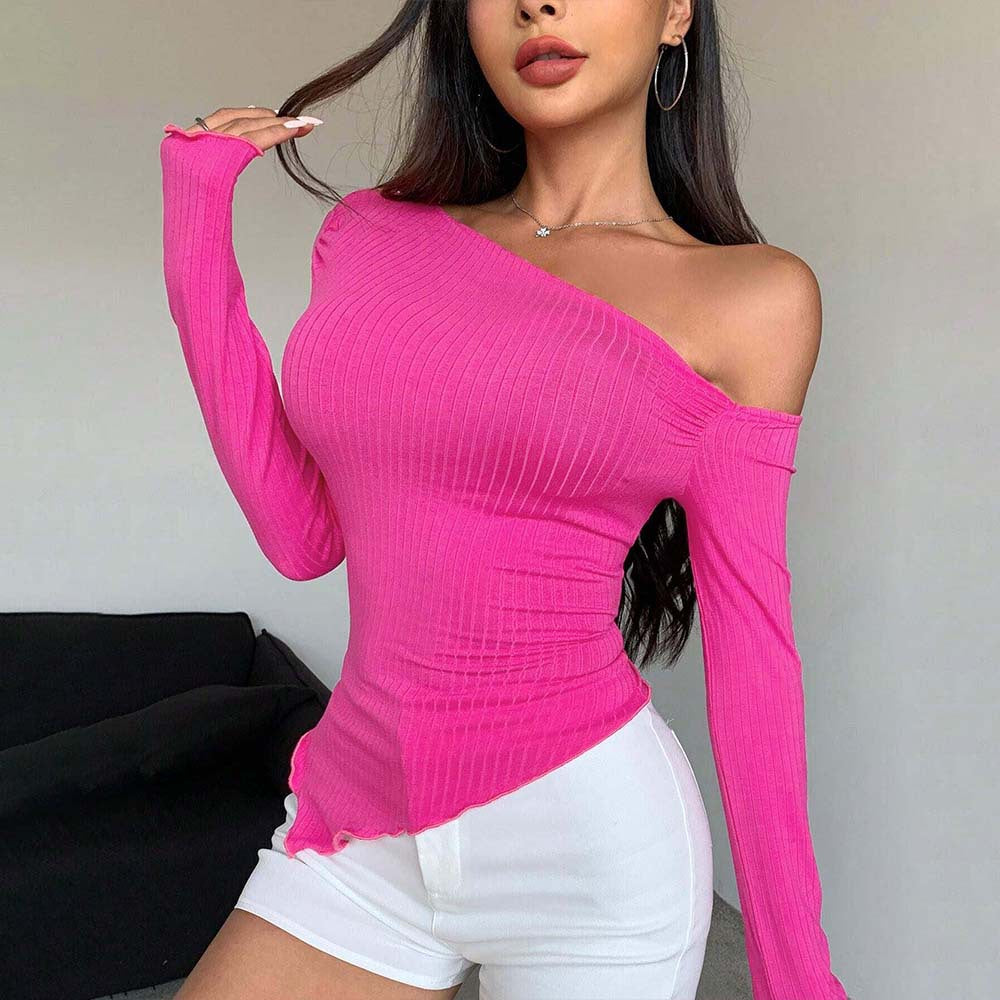 Women Clothing Sexy Rose Red T shirt Autumn Winter Sweet Spicy One Shoulder Cold Shoulder Long Sleeve Short Top