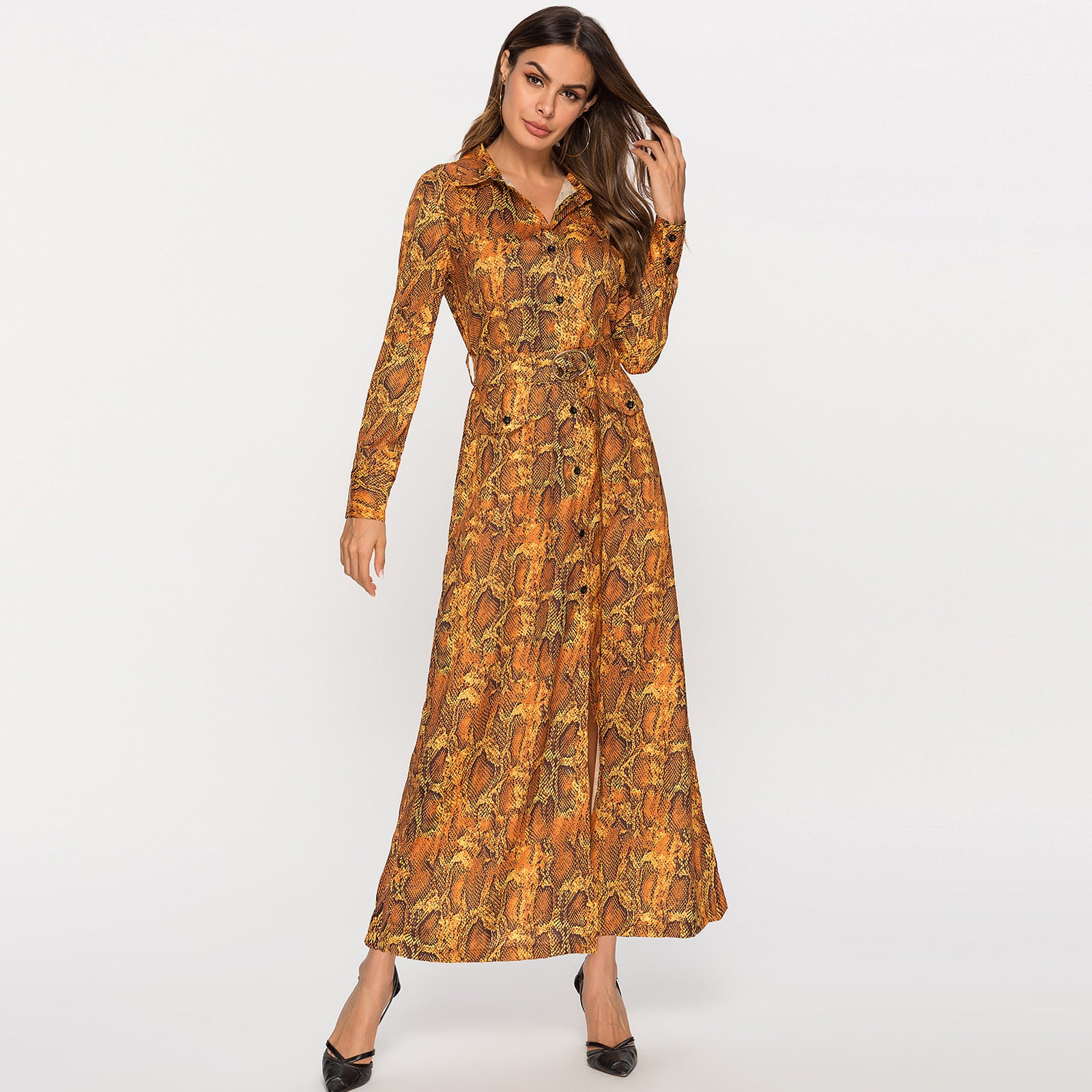 Women Clothing Dress Snakeskin Print Middle East Maxi Dress Yellow as shown in picture