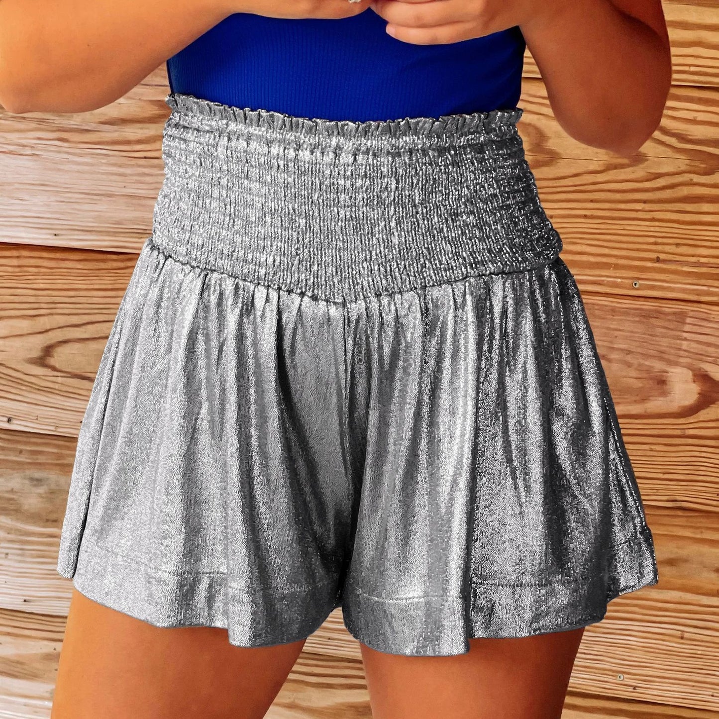 Casual Sports Women Shorts Loose Elastic Waist Drape Flash Pants Silver on Black Background