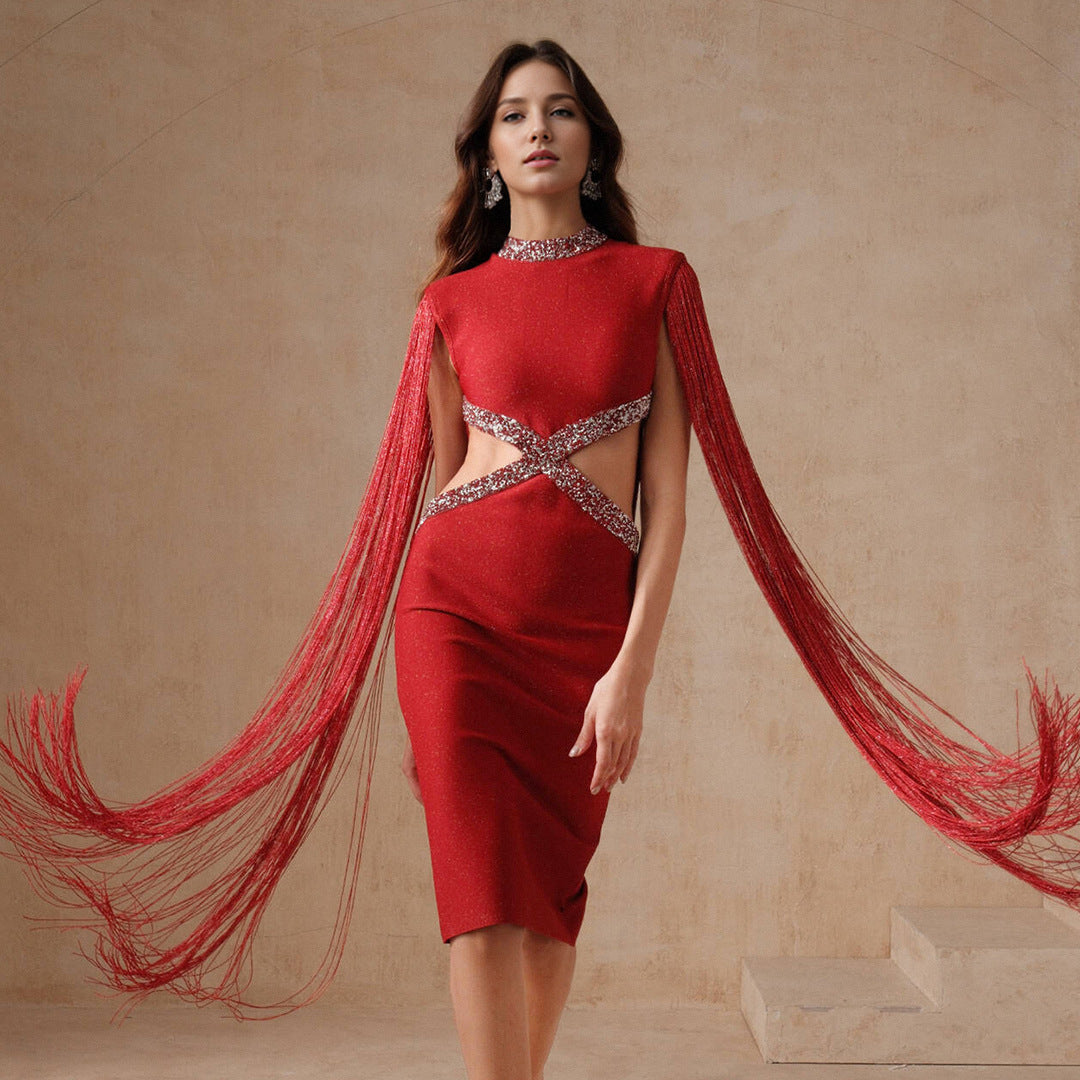 Red Hollow Out Cutout Dress Tassels Party Sexy Slim Dinner Dress