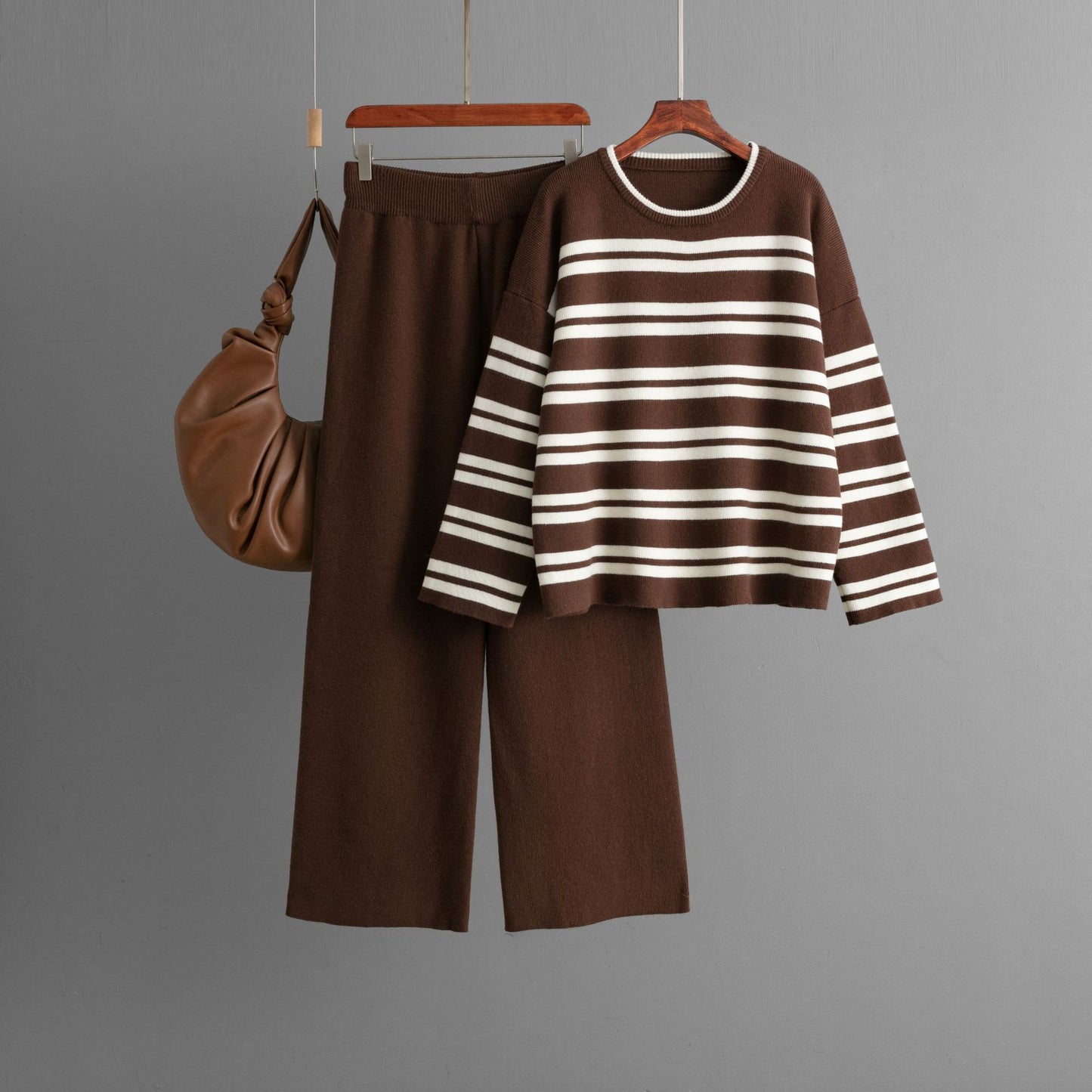 Striped Sweater Autumn Winter Loose Casual Wide Leg Pants Knitted Two Piece Pant Sets One Size Brown