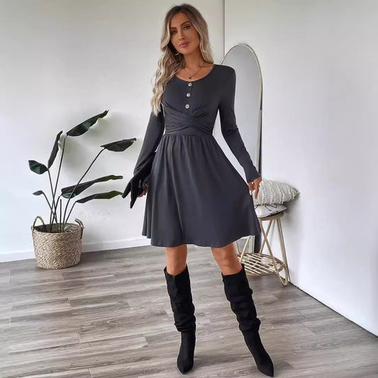 Women Clothing All Match Office Dress Autumn Winter Simplicity Design High Waist Mid Dress