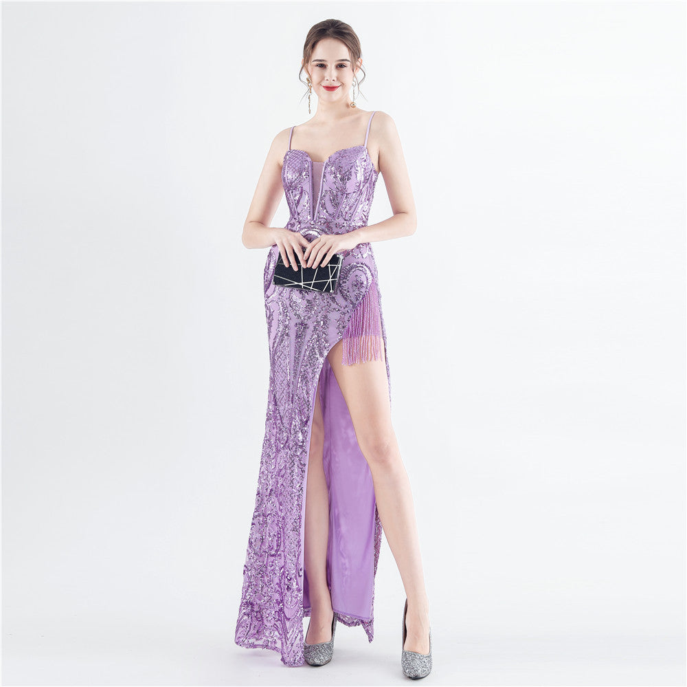 Handmade Beaded Positioning Floral Sequ High End Boning Corset Evening Dress Purple