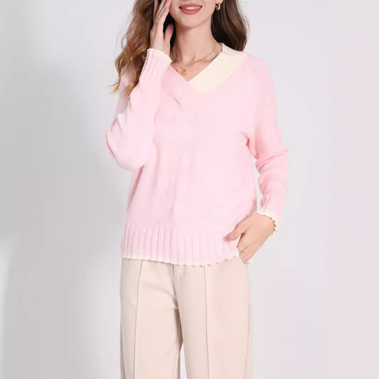 Spring Autumn Pink Classic Girls Knitwear Women Loose Pullover Soft Glutinous V neck Long Sleeve Lazy Top