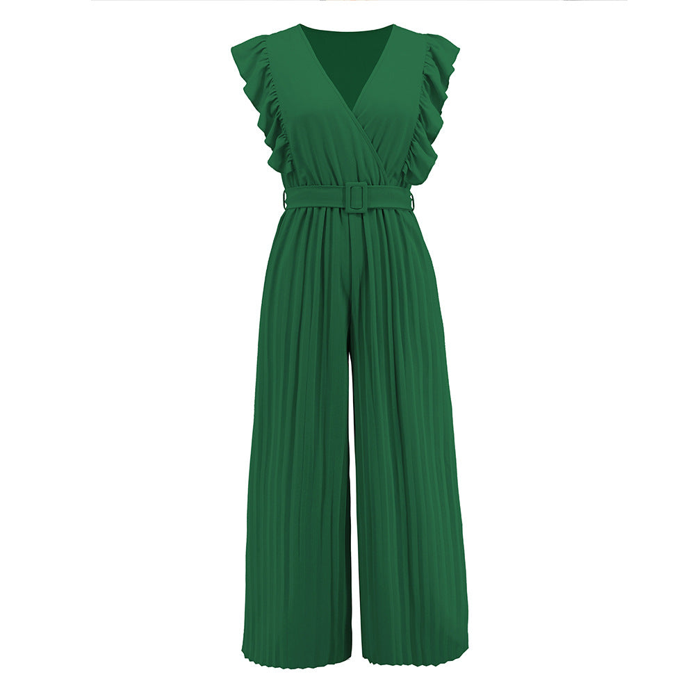 Sexy Slim Jumpsuit High Waist Sleeveless Lotus Leaf V neck Pleated Wide Leg Skort Women Green