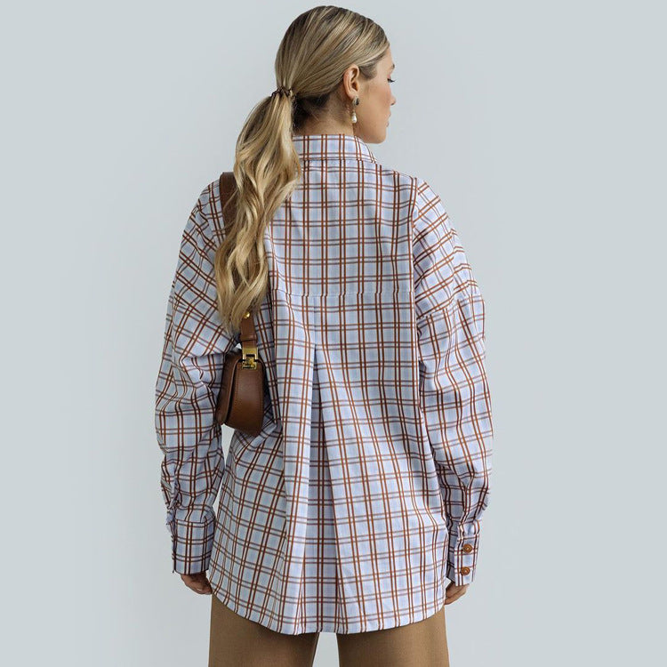 Women Autumn Long Sleeve Plaid Shirt Retro All Matching Collared Loose Shirt