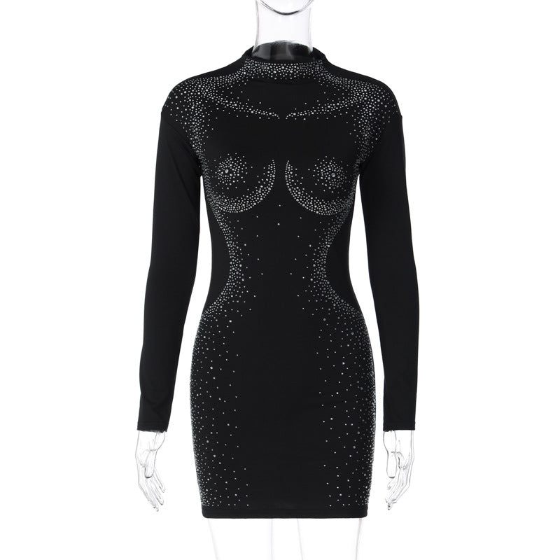 Women Clothing Autumn Sexy Rhinestone Tight Long Sleeve Narrow Dress Black