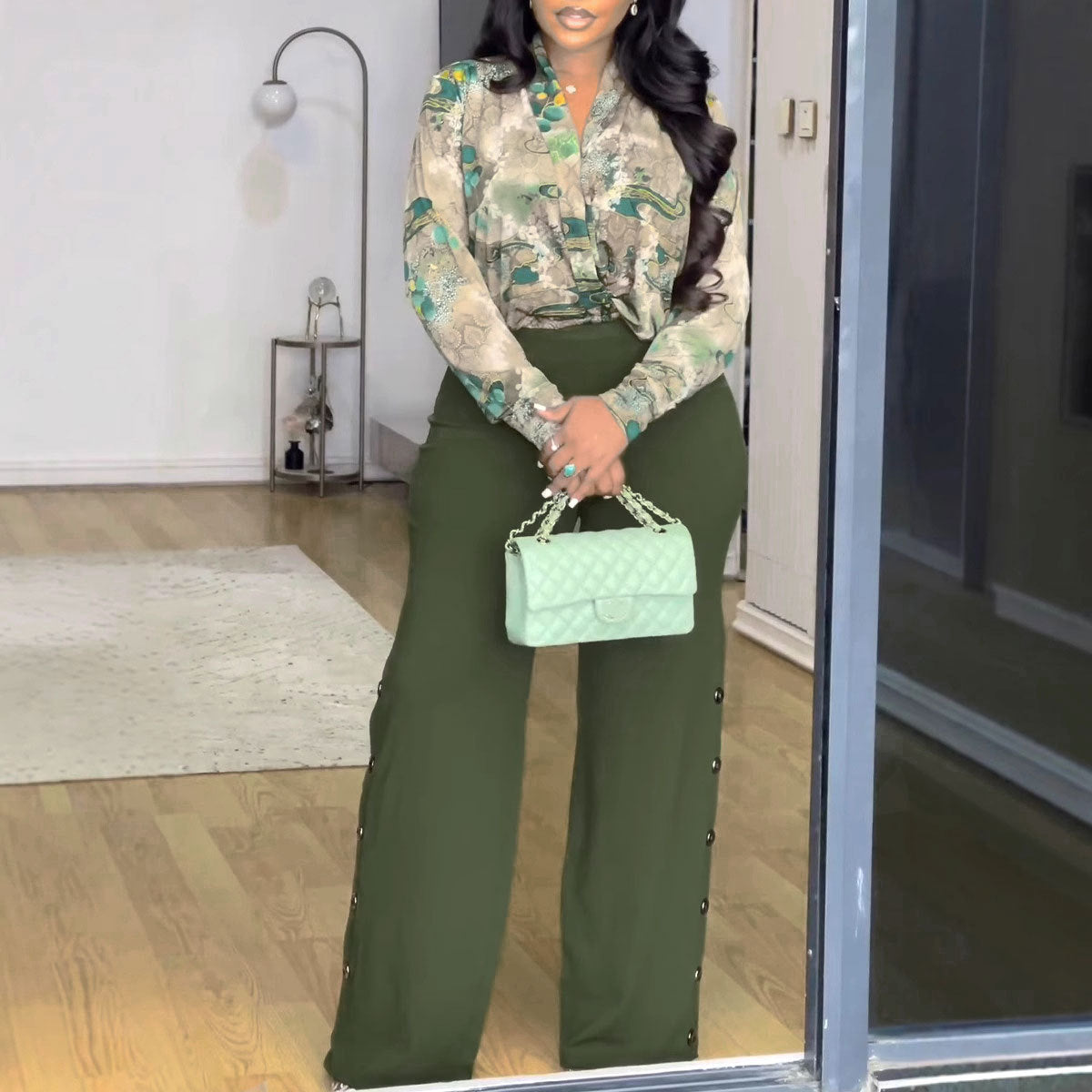 Women Printed V neck Shirt Wide Leg Pants Two Piece Set