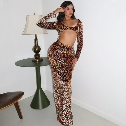 Winter Suede Leopard Print Dress Sexy Cutout Slim Fit Dress Women