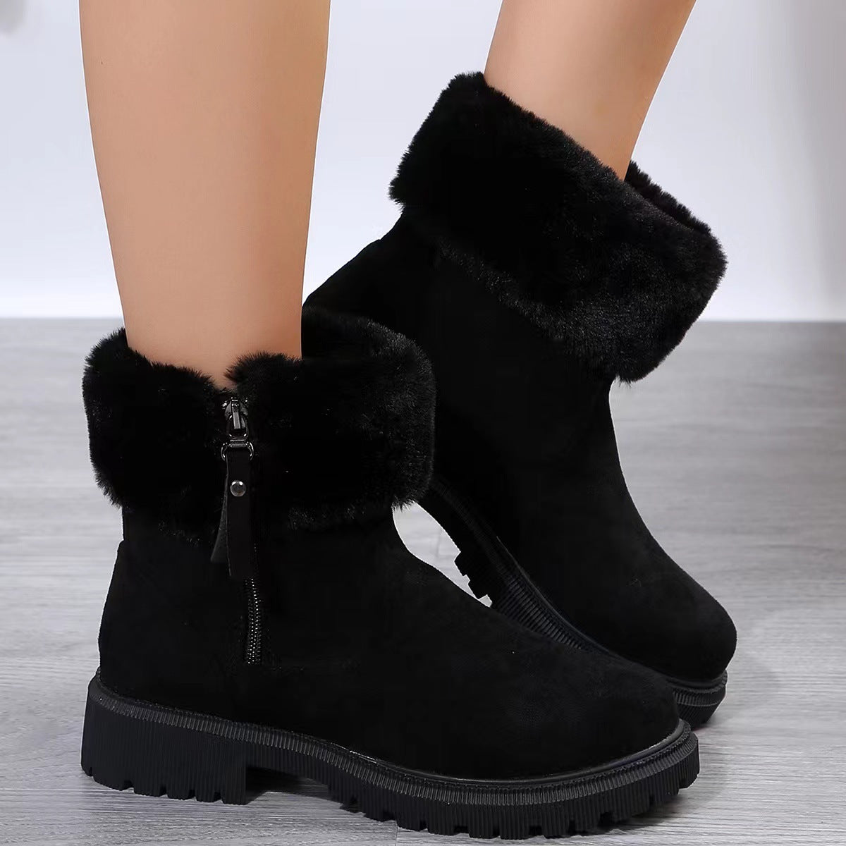 Mid Calf Length Snow Boots Women Fur Mouth Side Zipper Low Heel Cotton Padded Shoes Black