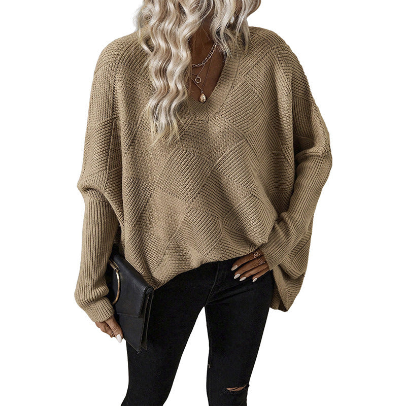 Loose Oversize Pullover Women Spring Solid Color Long Sleeve Knitted Textured Women Sweater Khaki