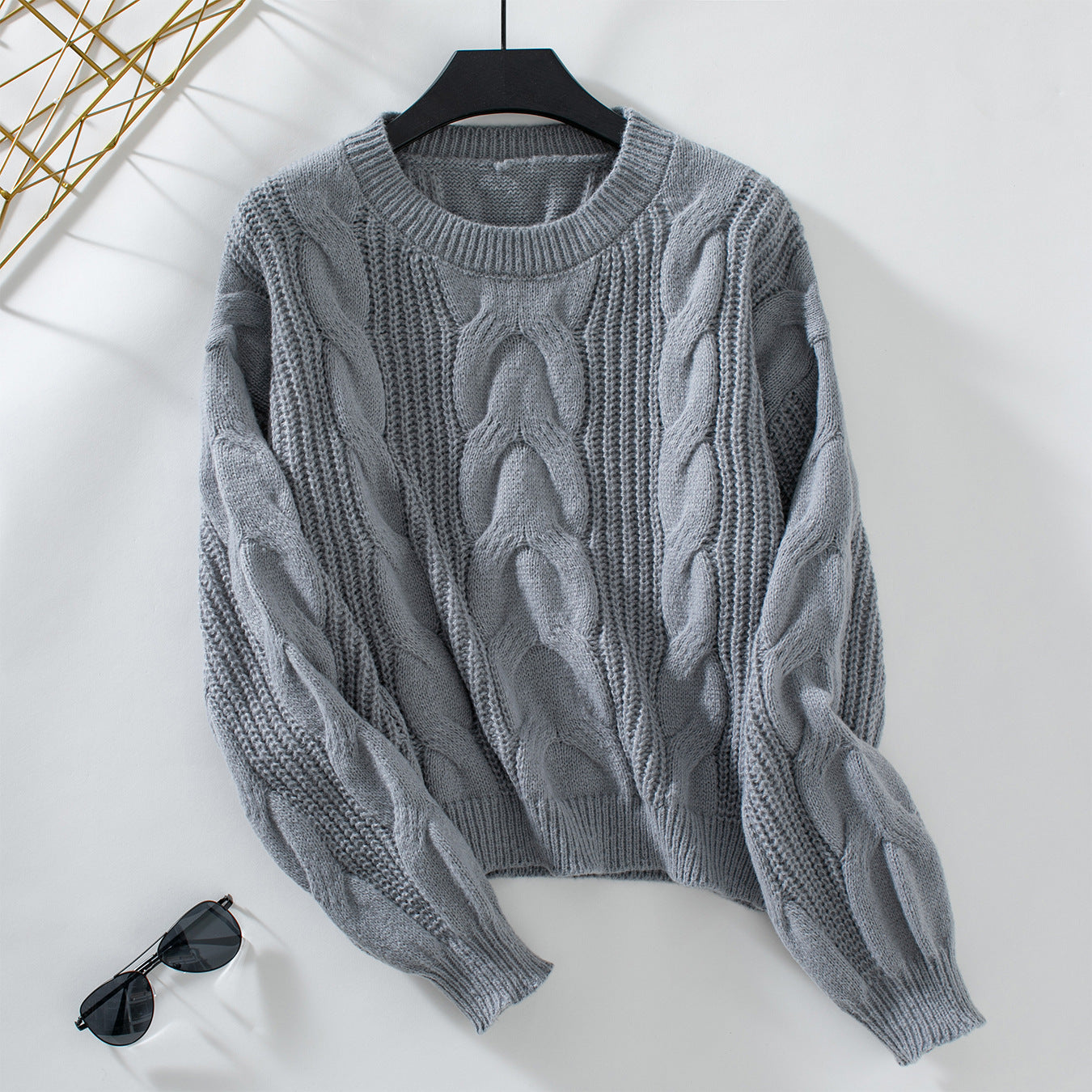 Cable Knit Pullover Women Sweater Autumn Winter Retro Loose Sweater Women Clothing Gray