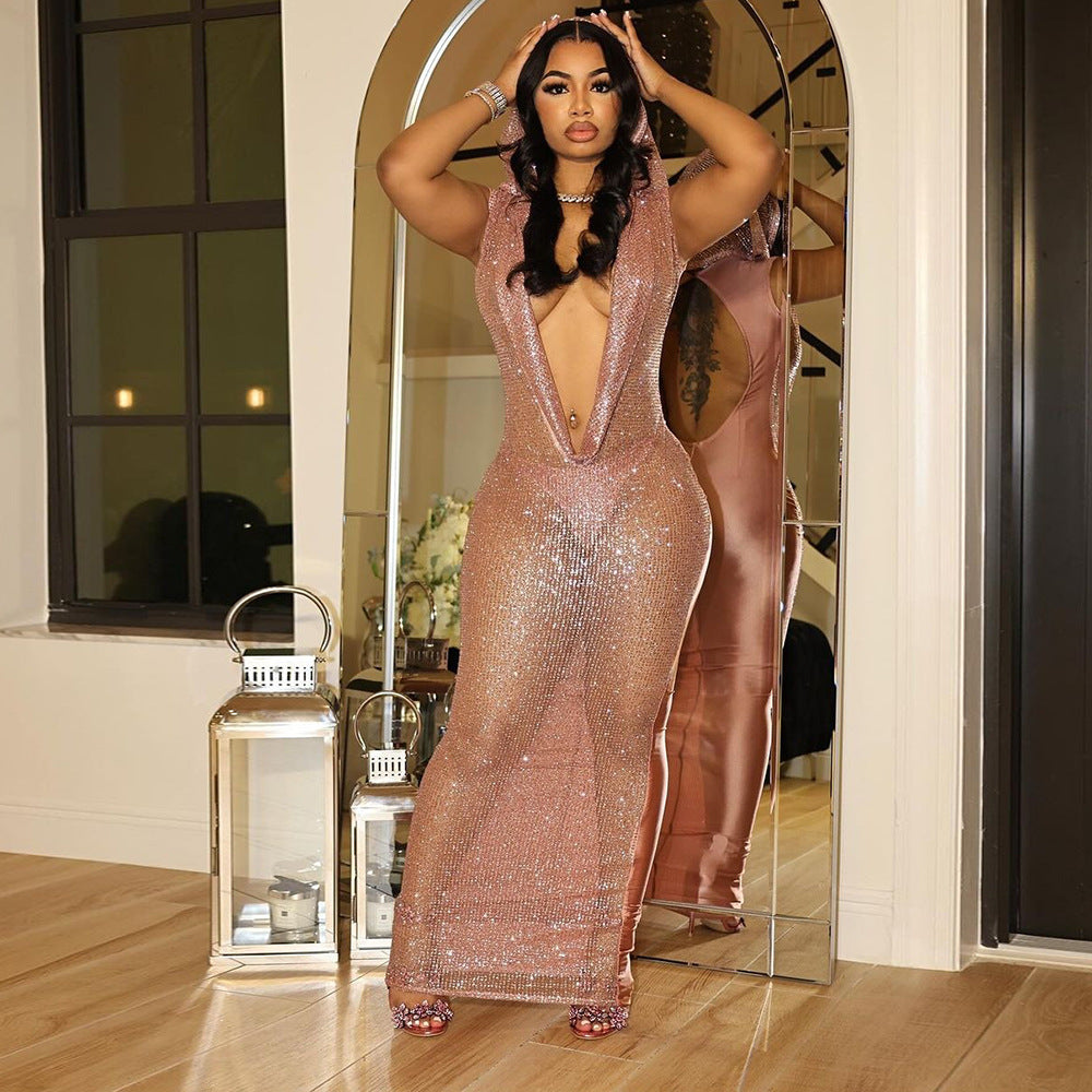 Sexy Deep V Plunge See through Sequined Maxi Dress Women Pink