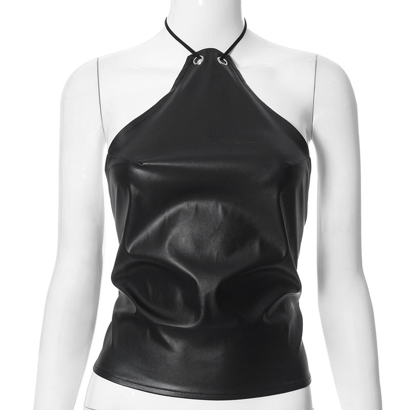 Women Clothing Summer Solid Color Sleeveless Halter Hollow Out Cutout Cropped Top Black