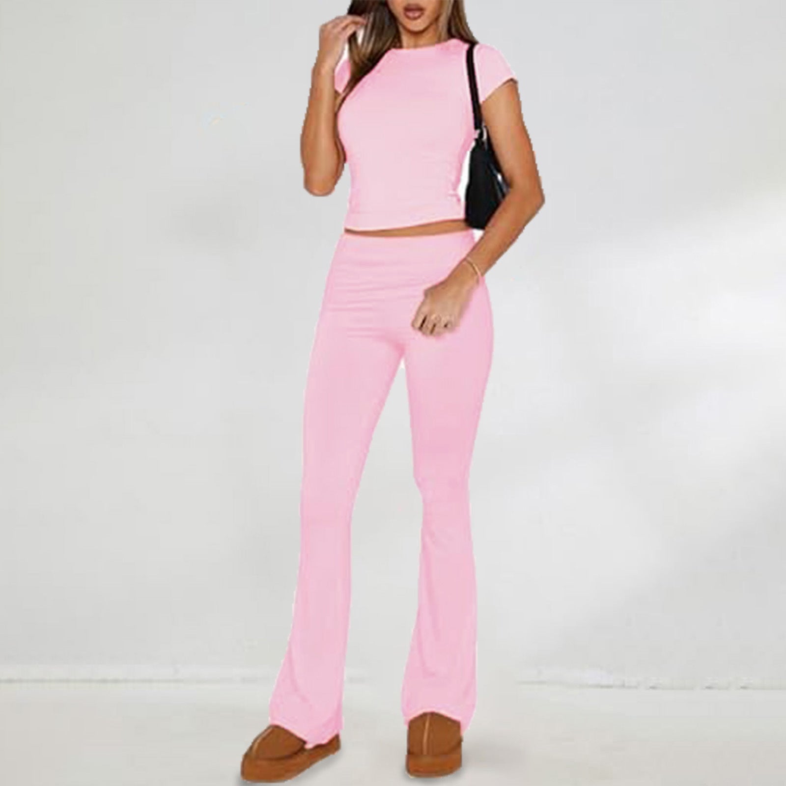 Women Clothing Spring Summer Casual Solid Color Slim Fit Short Sleeve Suit Pink