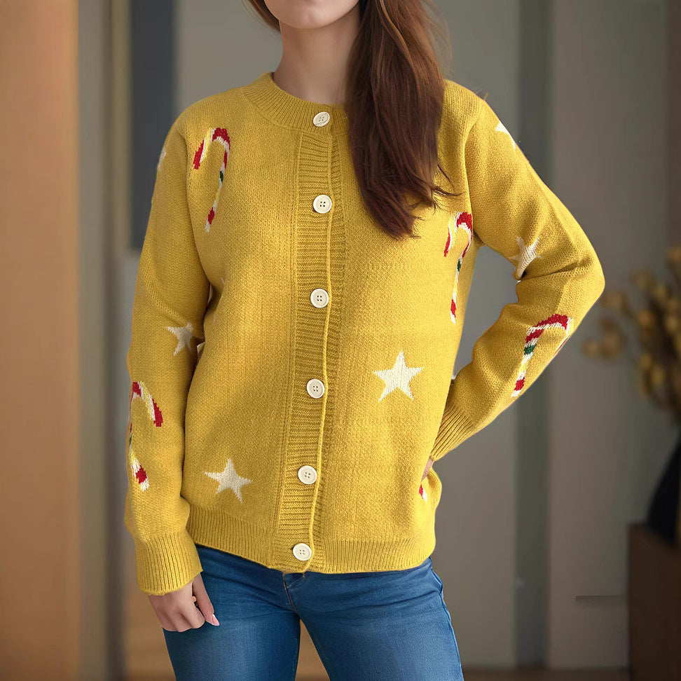 Autumn Winter Sweaters Women Knitted Cardigan Five Pointed Star Single Breasted Jacket