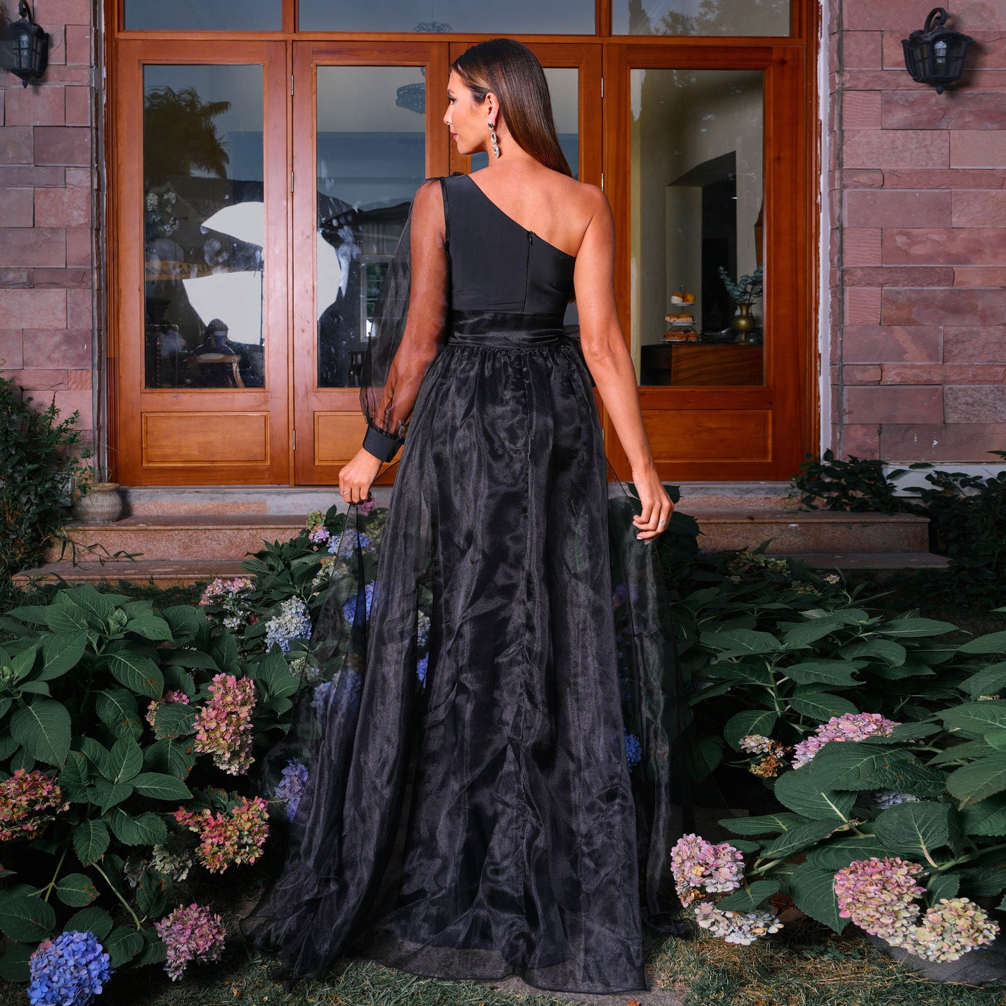 Women Clothing Long Sleeve Elegant Black One Shoulder Diagonal Collar Waist Split Sexy Mesh Dress Evening Dress Organza