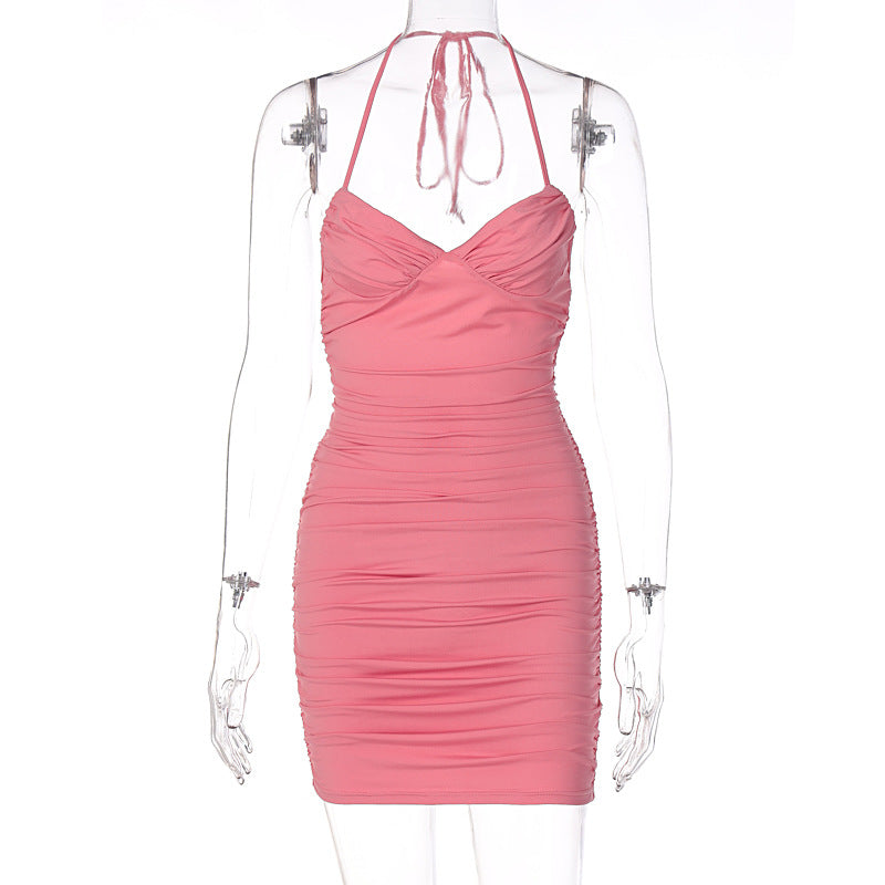 Women Clothing Summer Sexy V neck Backless Pleated Lace up Dress Pink