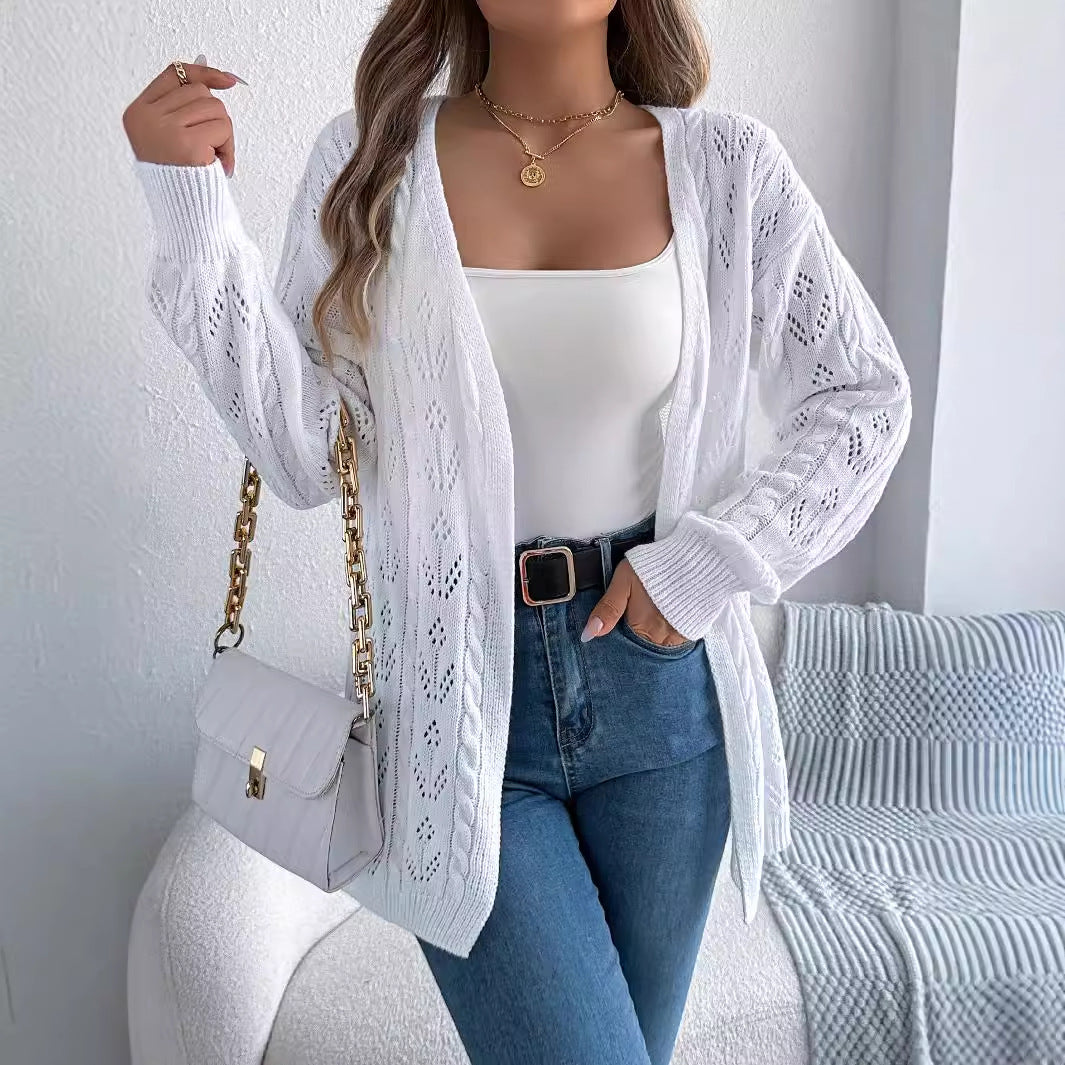 Real Shot Autumn Winter Casual Solid Color Hollow Out Cutout Long-Sleeve Cardigan Sweater Coat Women Clothing