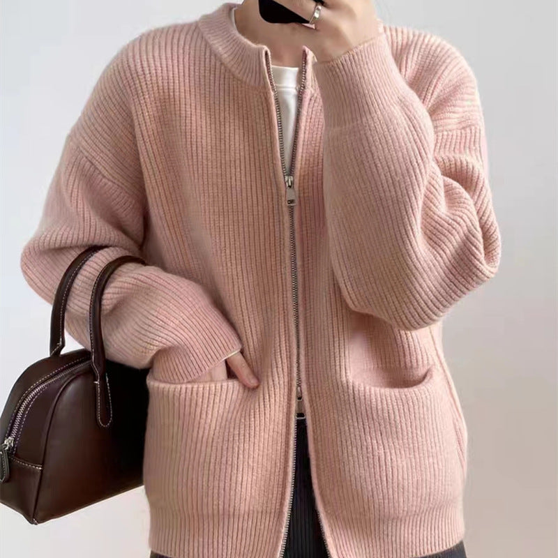 Retro Solid Color Idle Sense Sunken Stripe Double Zipper Knitted Cardigan Women Loose Soft Glutinous Dinified Sweater Coat