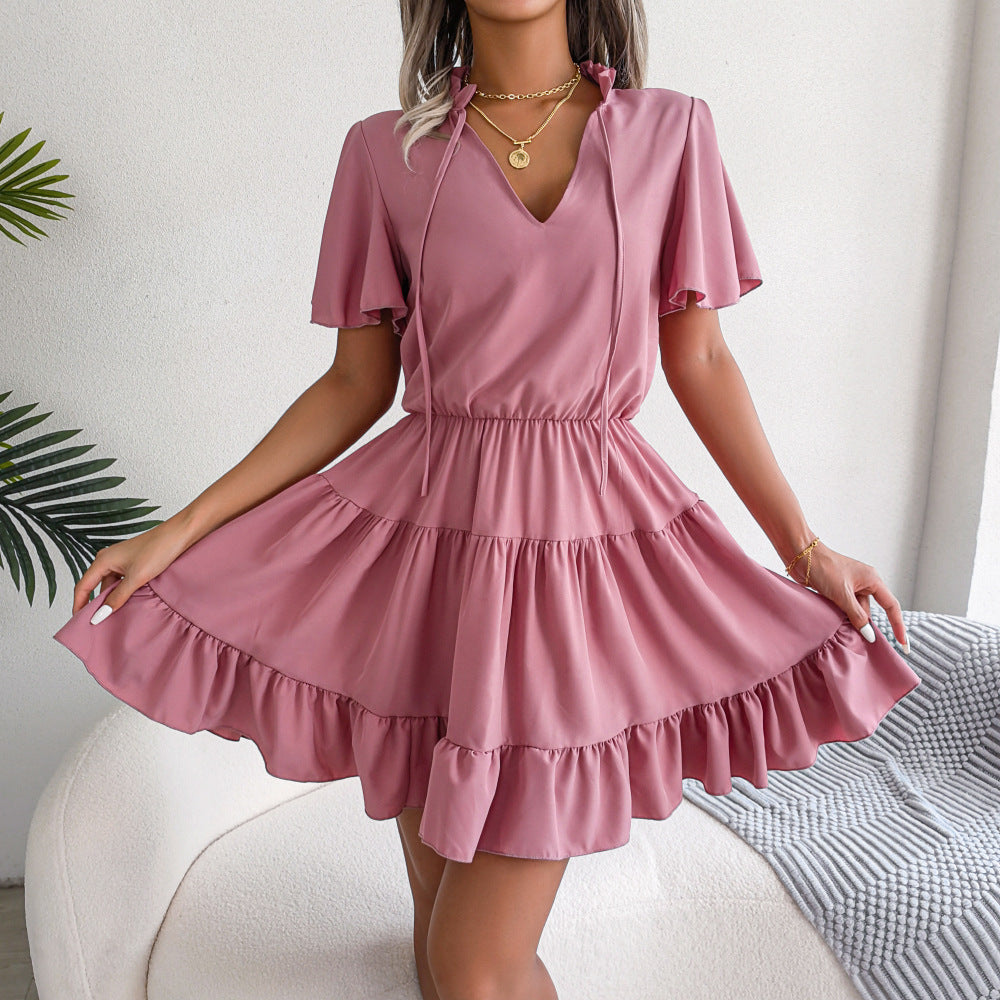 Spring Summer Flounced Ribbon Big Hem A- line Solid Color Dress Women Clothing