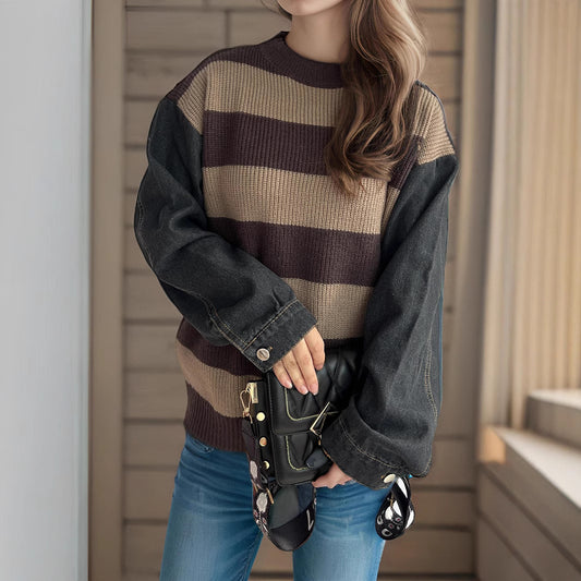 Denim Sleeve Splicing Knitwear Top Autumn Winter Office Striped Contrast Color Sweater Women