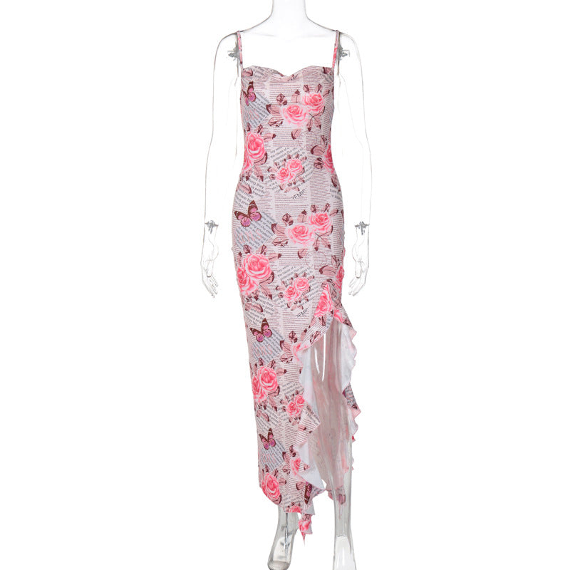 Summer Women Clothing Floral Print Ruffled High Slit Strap Dress Pink