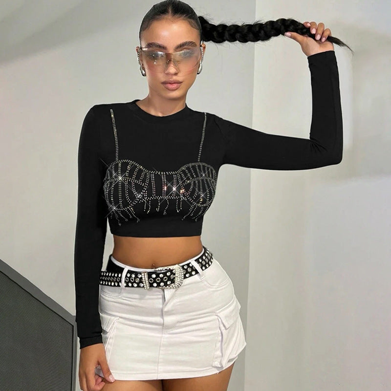 Women Clothing Crew Neck Casual Rhinestone Pattern Long Sleeve Crop Top Short Top