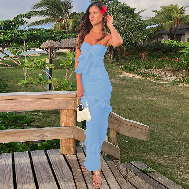 Slim Tube Top Ruffle Top Mid Length Skirt Set Women Vacation Sexy Two Piece Suit Blue