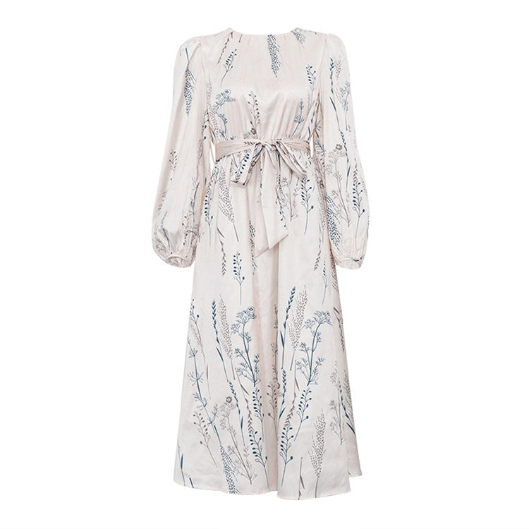 Women Loose Dress Puff Sleeve Graceful Fashionable Printed A line Dress Ivory