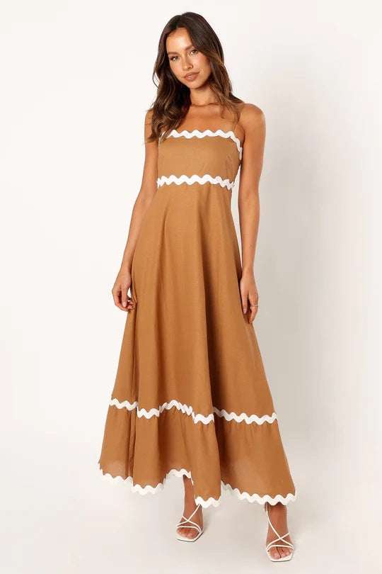 Summer Solid Color Sexy Strap Tube Top Oversized Swing Dress Brown