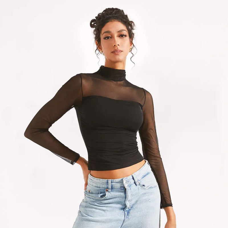 Women Clothing Turtleneck Mesh Stitching Long Sleeve Sexy See through Short Top Black