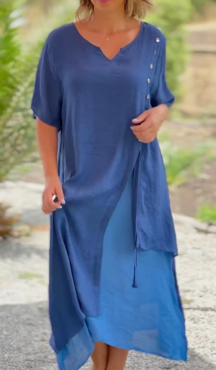 Women V neck Short Sleeve Faux Two Piece Asymmetric Dress Spring Summer Blue