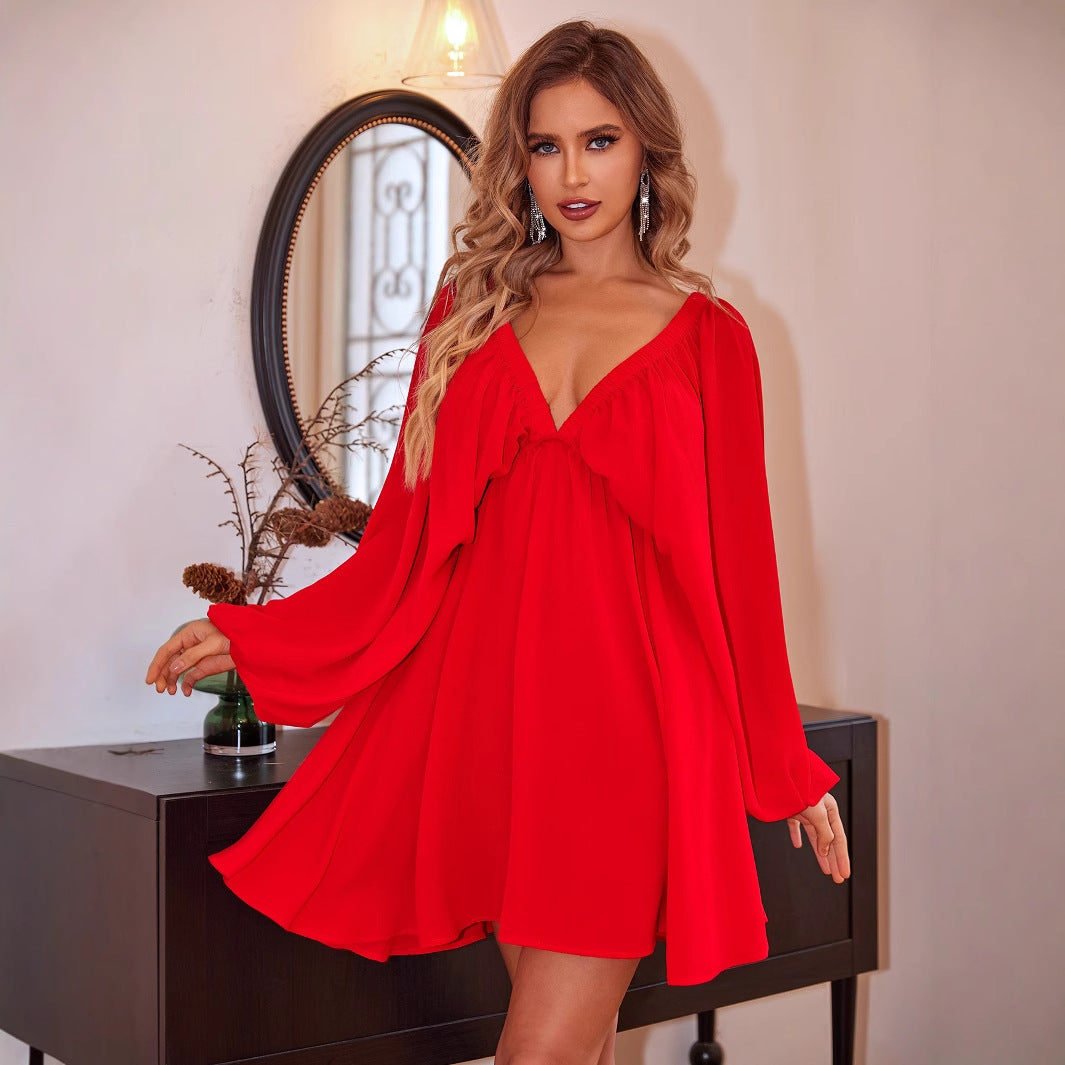 Women Clothing Sexy V neck Long Sleeve Lantern Bubble Sleeve Large Swing Dress