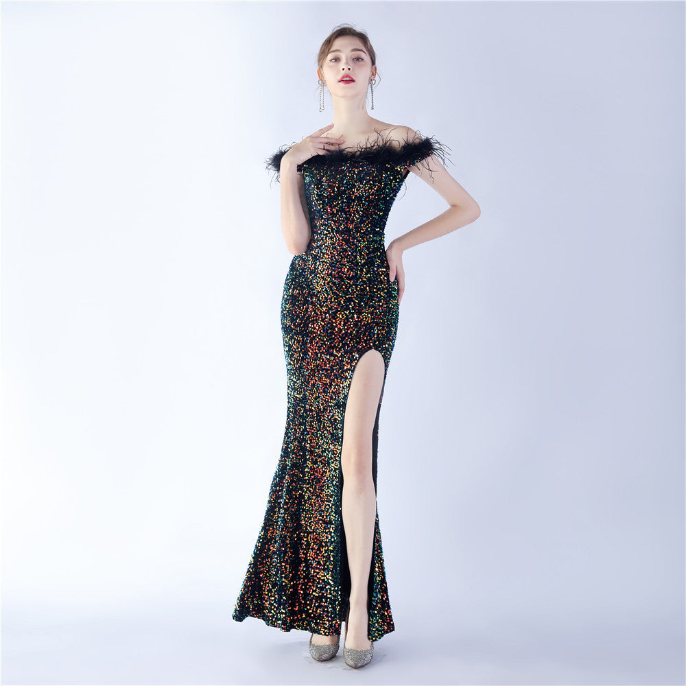 Velvet Bottom Sequin Craft Order Ostrich Hair off-Shoulder High End Evening Dress Symphony black