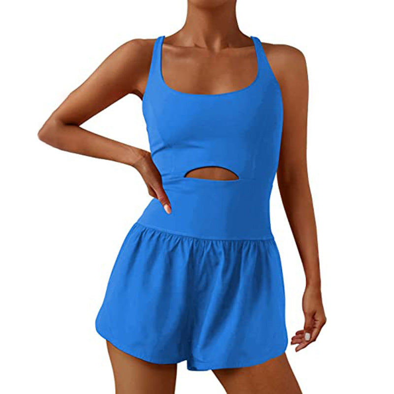 Sports Women Shorts Hollow Out Cutout Cross Back Loose Comfortable Workout Clothes Vest Jumpsuit Blue